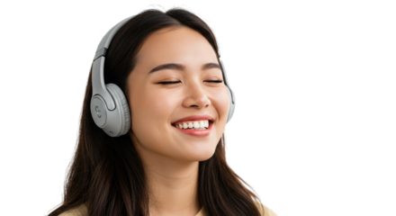 Happy asian woman listening to music with headphones isolated on transparent background smiling girl enjoying favorite song with closed eyes and wireless headset
