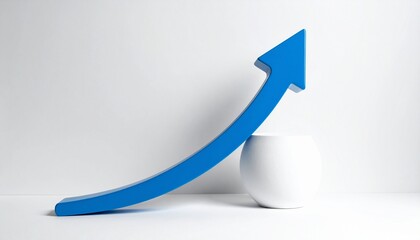 3D solid blue arrow pointing diagonally upward on white background, symbolizing progress and upward momentum.