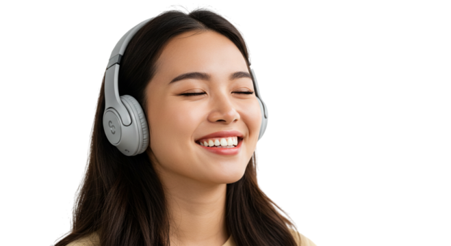 Happy asian woman listening to music with headphones isolated on transparent background smiling girl enjoying favorite song with closed eyes and wireless headset