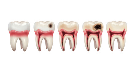 Progression of tooth decay and gum disease isolated on transparent background, showing stages from healthy to advanced periodontitis and cavities