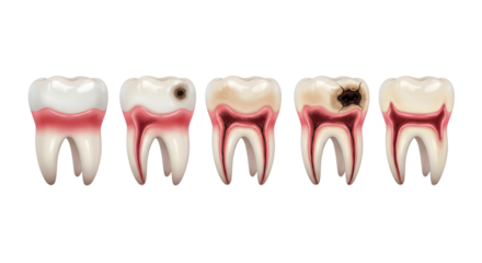 Progression of tooth decay and gum disease isolated on transparent background, showing stages from healthy to advanced periodontitis and cavities