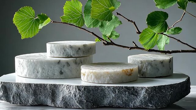 Static shot of marble product display stands with green leaves on a gray background.