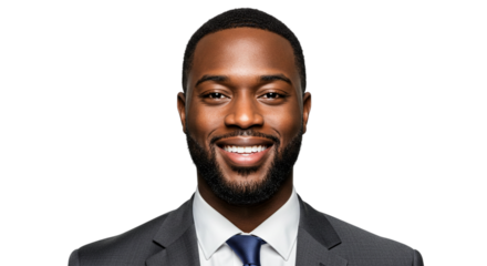 Smiling african american businessman in suit isolated on transparent background confident and successful entrepreneur posing for a professional headshot