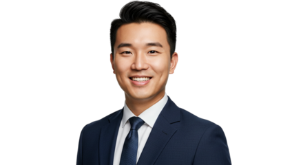 Smiling asian businessman in suit isolated on transparent background confident and successful entrepreneur posing for a professional headshot