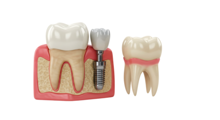 Dental implant isolated on transparent background showcasing the process, components, and integration with bone for restorative dentistry and tooth replacement