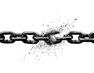 A closeup of a single, shiny metal link, part of a strong, industrial chain connection, against a white background