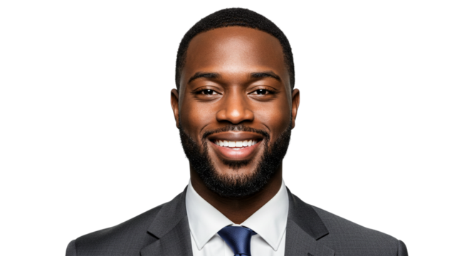 Smiling african american businessman in suit isolated on transparent background confident and successful entrepreneur posing for a professional headshot - Powered by Adobe