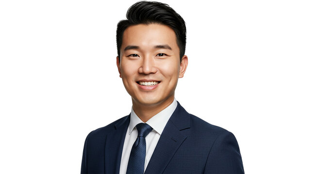 Smiling asian businessman in suit isolated on transparent background confident and successful entrepreneur posing for a professional headshot
