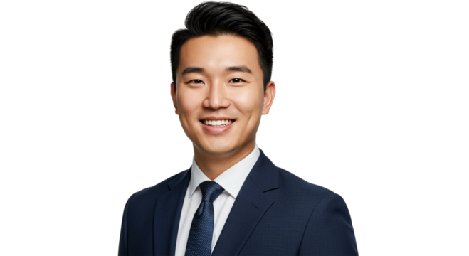 Smiling asian businessman in suit isolated on transparent background confident and successful entrepreneur posing for a professional headshot - Powered by Adobe