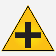 Fototapeta premium Cross Road Warning Yellow Triangle Traffic Sign Vector Illustration Isolated on White Background