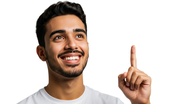 Smiling young man looking up and pointing with his finger, isolated on transparent background he has a beard and is wearing a white tshirt