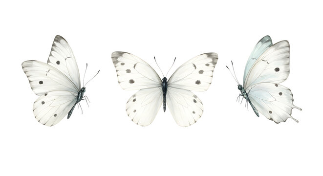 Illustration of three delicate white butterflies with black spots, isolated on transparent background, showcasing their intricate wing patterns and antennae