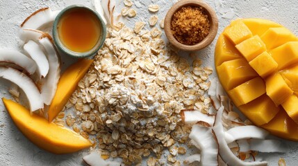 Tropical Breakfast Ingredients - Mango, Oats, Coconut, and Honey.