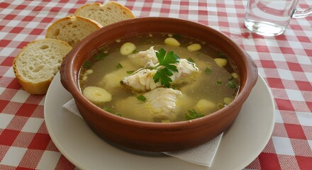 A bowl of soup with fish and vegetables served with bread on a checkered tablecloth setting view