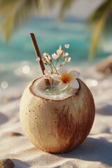Tropical Coconut Drink on Sandy Beach with Flower Garnish.