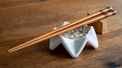 Chopsticks on a patterned ceramic rest, set on a wooden table for dining