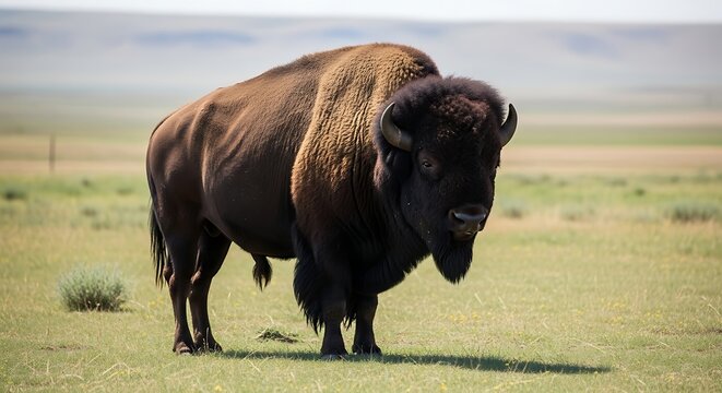 Majestic Bison Strolling Peacefully Through the Open Prairie Grassland