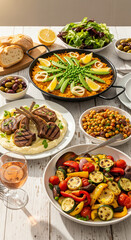 Fototapeta premium Mediterranean Food Flatlay Featuring Seafood Paella, Grilled Lamb, Fresh Bread, and Wine for catering business marketing, stock photography libraries, cookbook illustrations, fine dining advertisement