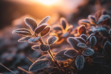 Frosty leaves bathed in golden sunrise