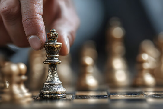 Businessman moving chess piece on chess board game concept for ideas and competition and strategy, business success concept, business competition planing teamwork strategic concept.