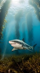Fototapeta premium A solitary shark cruises through a serene underwater kelp forest, with ethereal beams of sunlight creating a magical marine scene