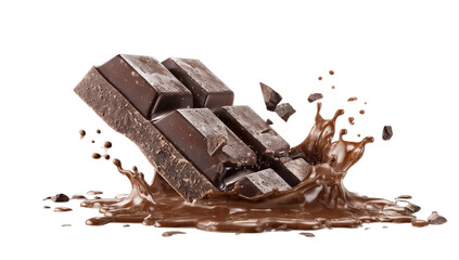 Dark chocolate pieces, a delicious dessert ingredient, are isolated on a white background