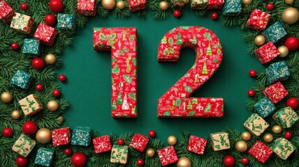 Festive Christmas countdown calendar with number 12 and holiday decorations