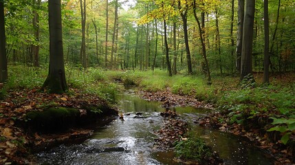 Obraz premium Serene stream flows through a dense forest with autumn leaves on the ground