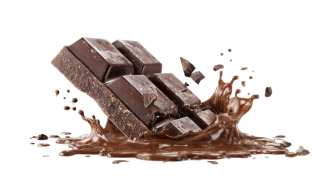 Dark chocolate pieces, a delicious dessert ingredient, are isolated on a white background