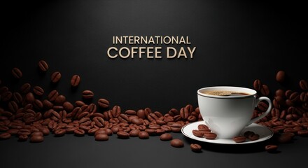 Warm cup of coffee and scattered beans celebrate International Coffee Day