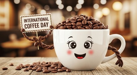Happy coffee cup character celebrating International Coffee Day with a sign and roasted beans