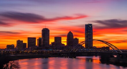 Oklahoma City skyline illuminated at sunset reflecting in river water