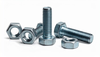 Steel bolts and hex nuts with washer on light surface, showcasing industrial hardware and mechanical precision.