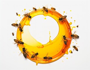 Bees gathering in a ring of honey against a white background
