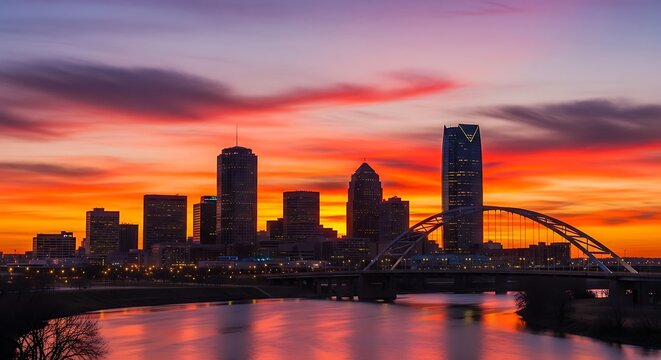 Oklahoma City skyline illuminated at sunset reflecting in river water