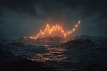 Turbulent Market Surge - A Glowing Stock Chart Amidst Stormy Seas.