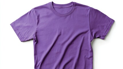 Purple t-shirt laid flat on white background