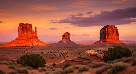 Majestic sandstone buttes bathed in the warm glow of the setting sun in the desert