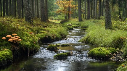 Fototapeta premium A forest stream with mossy rocks and mushrooms on the bank in a woodland area