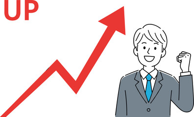 Businessman celebrating success with upward arrow and growth symbol, motivation concept for finance, career progress, and achievement goals.