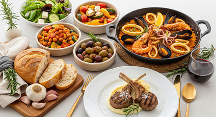 Spanish Paella with Seafood, Lamb Chops, and Fresh Salads; Mediterranean Cuisine Stock Image for culinary magazines, social media food posts, cooking class promotions, diet & nutrition blogs