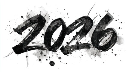 Black ink year 2026, artistic splashes