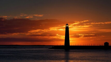 Lighthouse silhouette at sunset over water