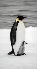 Fototapeta premium Gentle Guardian Emperor Penguin and Chick on Ice, a Heartwarming Arctic Scene Depicting Motherly Love and Survival