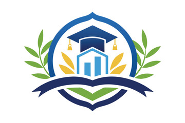 Blue graduation cap tops house logo, with laurel leaves, ribbon accentuating education