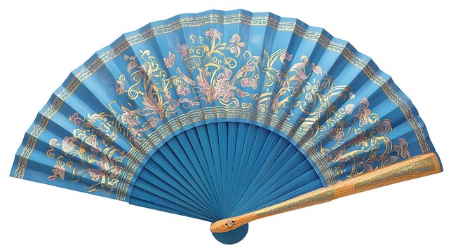 Elegant blue folding fan with floral pattern isolated on white background