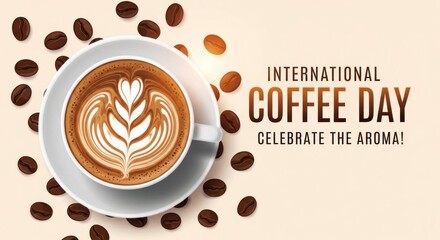 Warm cup of coffee with latte art surrounded by beans, celebrating International Coffee Day