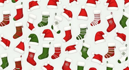 Christmas Stockings Pattern with Red and Green Hats and Snowflake Decorations