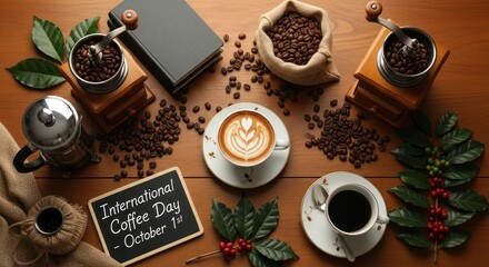 Rich aroma of freshly roasted coffee beans and artfully prepared drinks on a rustic wooden table