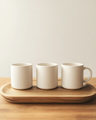 Minimalist mockup of three ceramic mugs on a wooden tray. Matte texture and natural lighting highlight simplicity and style